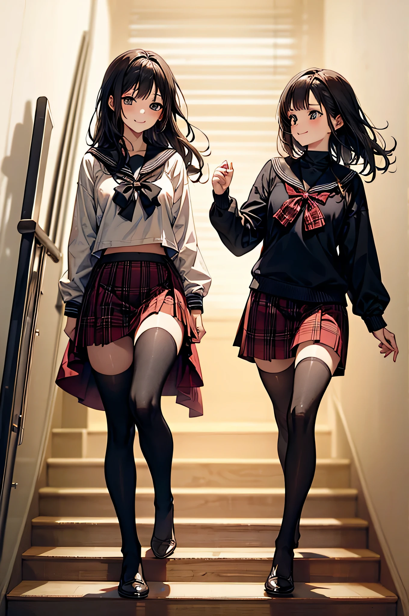 (Biologically correct limb count),Full body, including face,4K,Focus on the masterpiece face,Well-proportioned facial features,Delicate descriptive eyes,One beautiful woman、Excellent style,(Black Sailor Suit,red plaid skirt,Black Stockings),(smile),Looking down,Photos with white borders,Look away from the camera,National Library,walking,Walking down the stairs