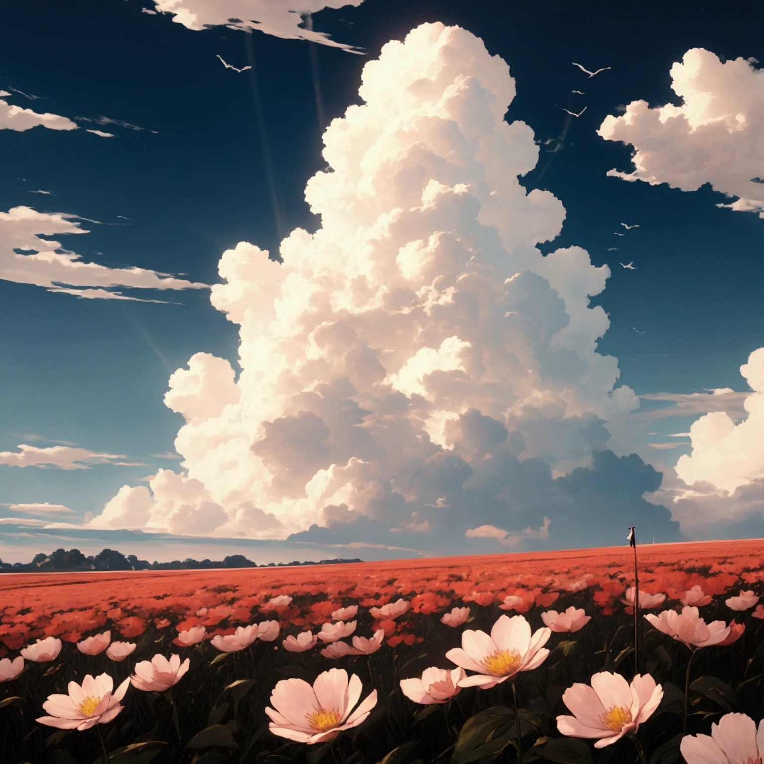 High contrast color, 4K High Resolution,masterpiece, Highest quality, Movie stills, bright, Anime Style, Happy, shine、happiness、null、cloud、cloudの隙間から光が差し込む、Warm and soft lighting, Asahi、fluctuation、Flower Field、