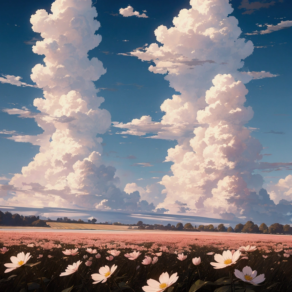 High contrast color, 4K High Resolution,masterpiece, Highest quality, Movie stills, bright, Anime Style, Happy, shine、happiness、null、cloud、cloudの隙間から光が差し込む、Warm and soft lighting, Asahi、fluctuation、Flower Field、