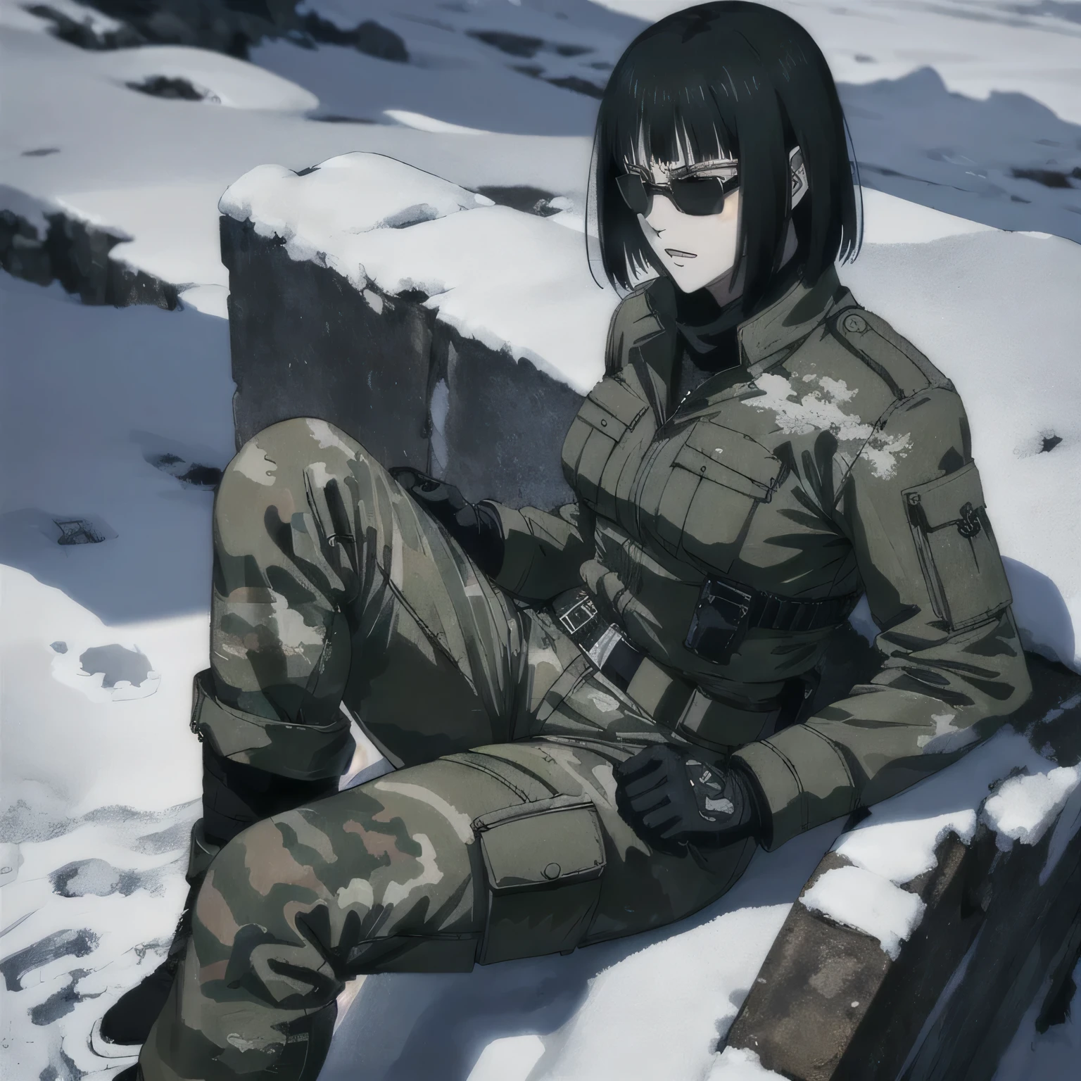 (best quality,ultra-detailed,realistic:1.37),musclaur badass girl with sculpted body, full review of the female character's face and body, intense expression, strong and confident posture, studio lighting, vivid colors, physiologically-based rendering, grungy texture, rugged background, dust particles in the air, commanding presence, professional, powerful, gritty aesthetics,,Valmet،short hair,wearing winter camouflage trousers and winter military jacket,in ice mountain,(1girl solo),sunglasses,sitting on chair 