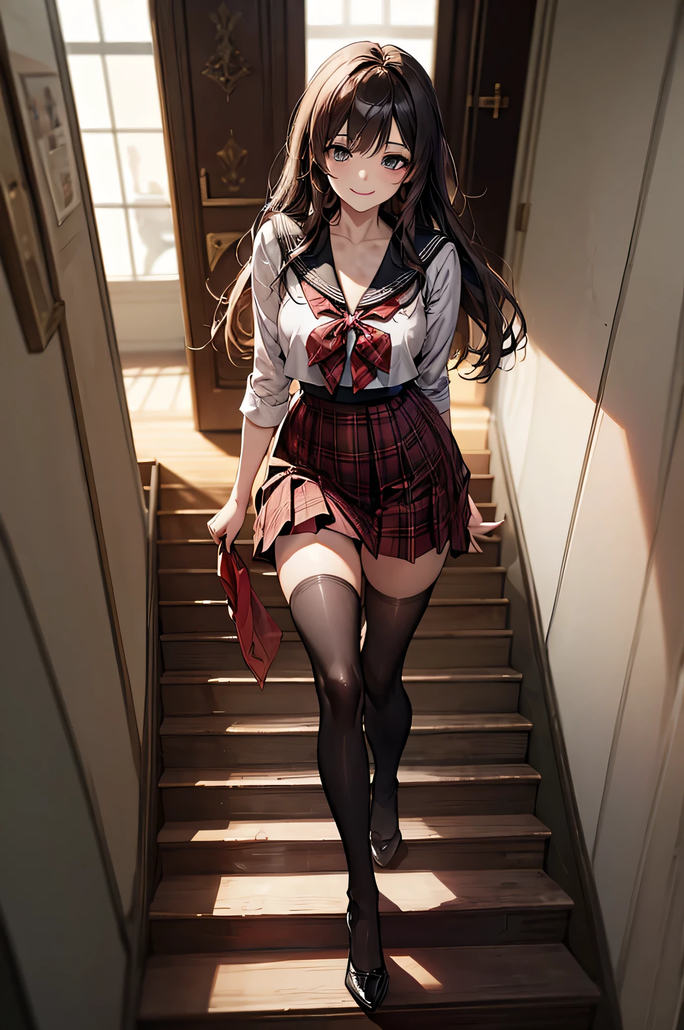 (Biologically correct limb count),Full body, including face,4K,Focus on the masterpiece face,Well-proportioned facial features,Delicate descriptive eyes,One beautiful woman、Excellent style,(Red checked sailor suit,Black Stockings),(smile),Looking down,Photos with white borders,Look away from the camera,National Library,walking,Walking down the stairs