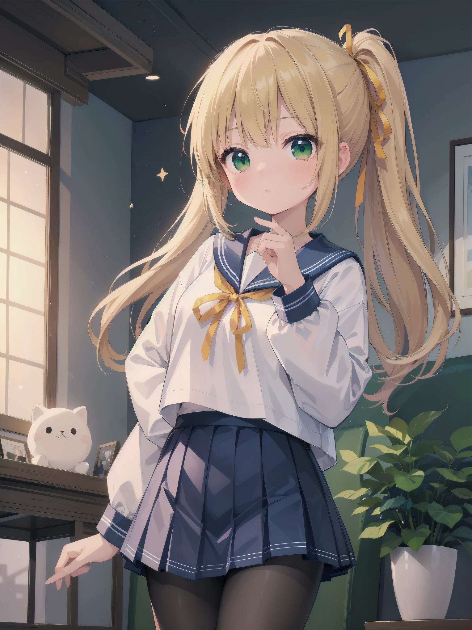 Masterpiece, illustration, super detailed, kawaii, one girl, 独奏, slender , Japanese girl, chou chou, ribbon, nape of neck, low ponytail, cute pose in Less revealing attire, (green sailor outfit, two gold lines), large gold ribbon, priss skirt, black pantyhose, , Long Sleeves, White innerwear for sailor suit, living room, cowgirl shot, sfw, dynamic angle、Close-up on the characters、(building, city、A dense fog of fluorescent particles、１８００Era、Japanese Style、Fiction、grow、Overwhelming、Detailed street）、A beautiful girl with a beautiful background and a super cute pose
