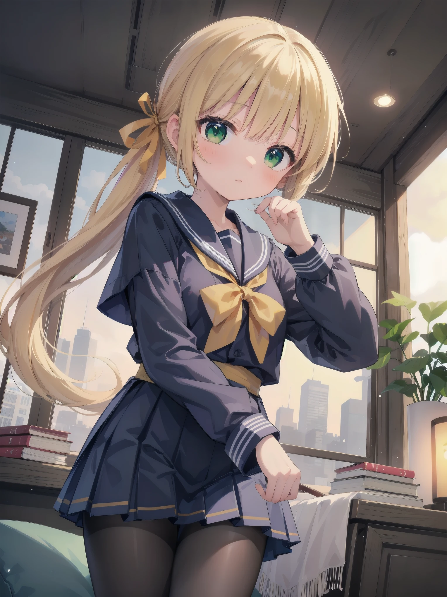 Masterpiece, illustration, super detailed, kawaii, one girl, 独奏, slender , Japanese girl, chou chou, ribbon, nape of neck, low ponytail, cute pose in Less revealing attire, (green sailor outfit, two gold lines), large gold ribbon, priss skirt, black pantyhose, , Long Sleeves, White innerwear for sailor suit, living room, cowgirl shot, sfw, dynamic angle、Close-up on the characters、(building, city、A dense fog of fluorescent particles、１８００Era、Japanese Style、Fiction、grow、Overwhelming、Detailed street）、A beautiful girl with a beautiful background and a super cute pose
