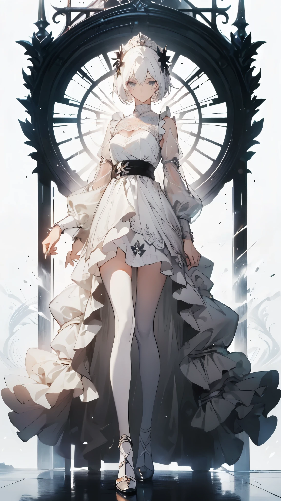 ((masterpiece, best quality)), Pure white background,Delicate face,JK style,Full body painting,Perfect body proportions,Long legs,High heel,Handsome short hair,((Half of her hair is white,The other half is black,Available in two colors)),beautiful eyes,Fantasy style,Extremely beautiful,transparent,Lace,NUDE