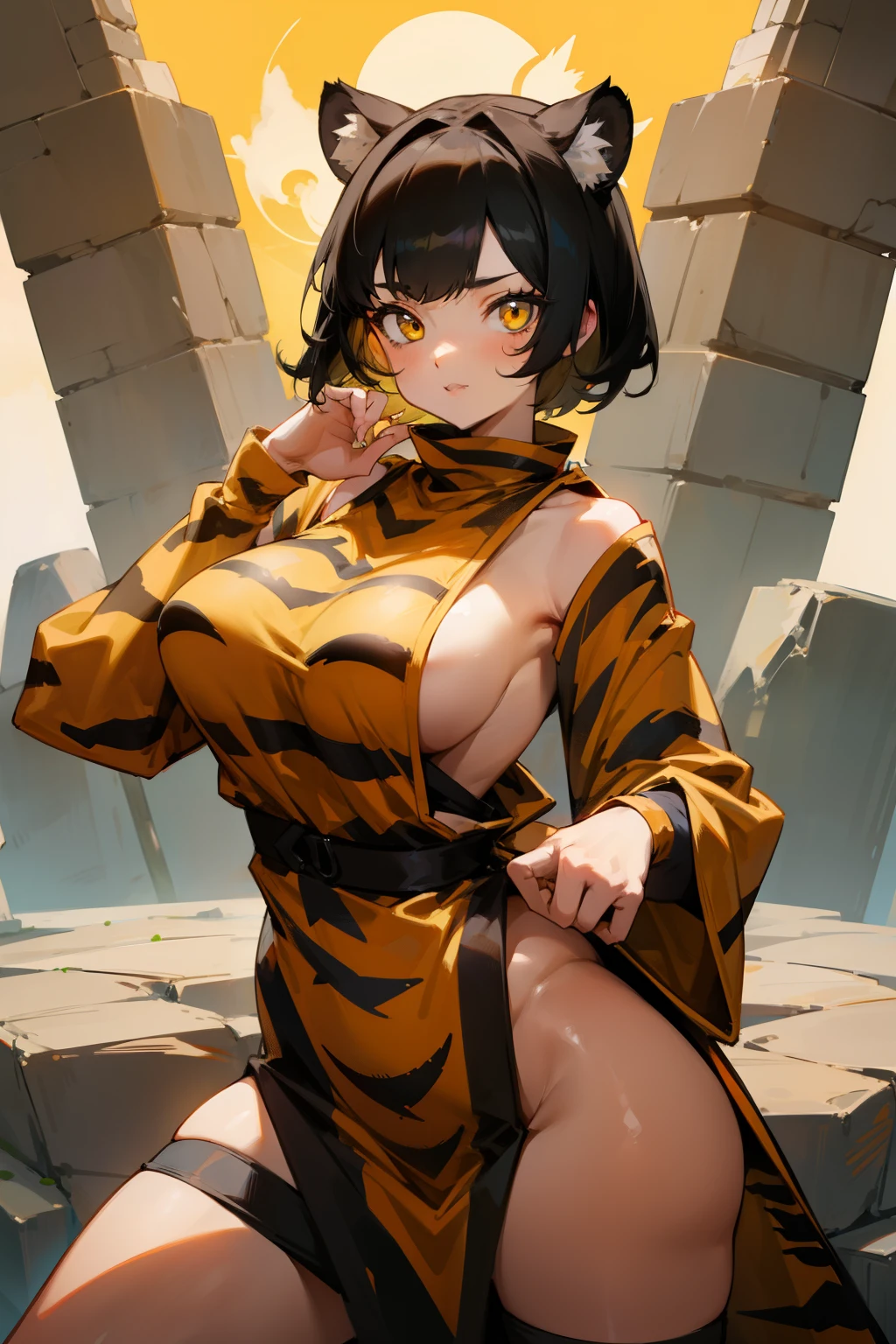 Cute girl, short black hair, yellow eyes, stone age clothes, big breasts, wearing tiger skin