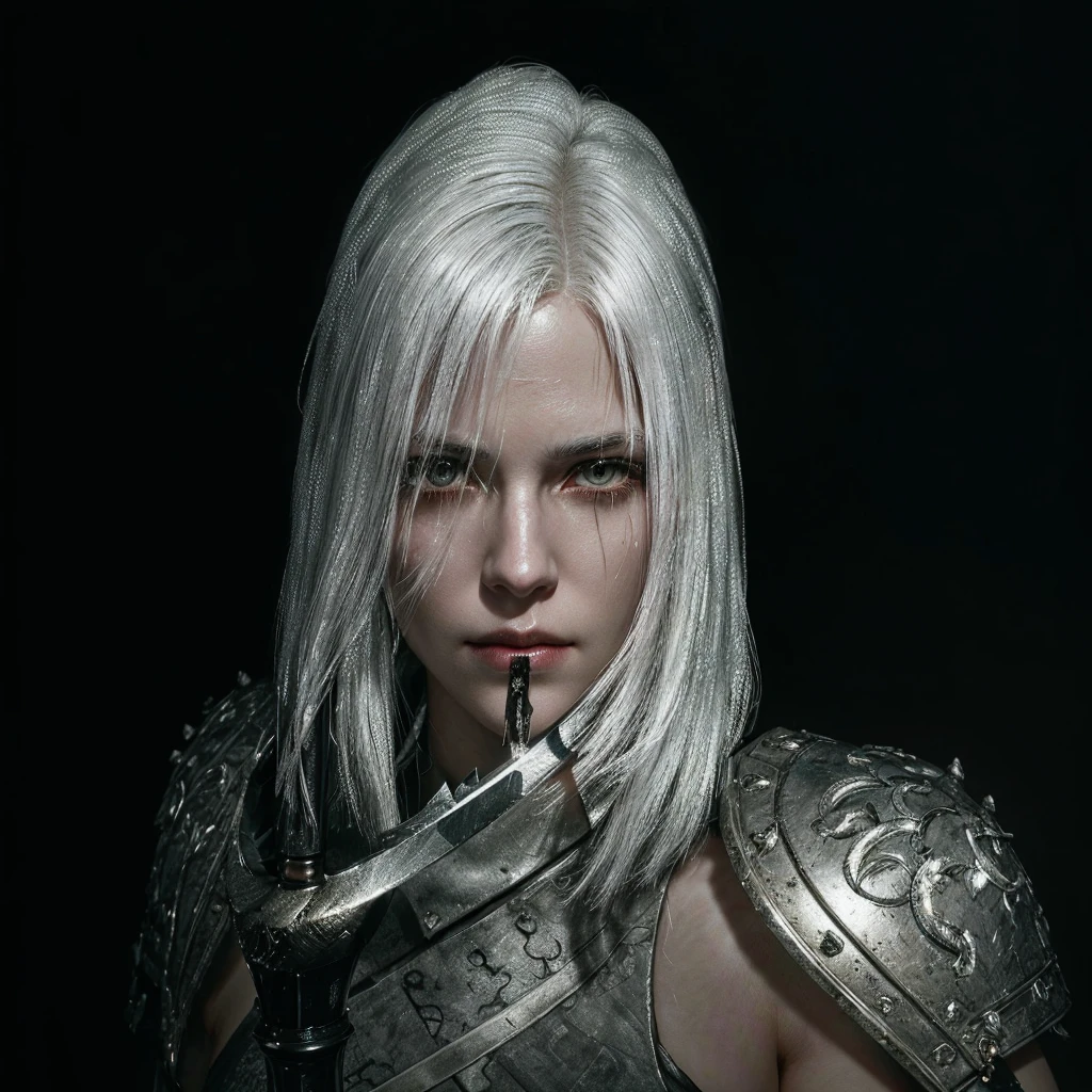 shaved image of a woman with white hair and a sword, Character up close, portrait of a bloody huntress, 8k portrait rendering, Character up close, close do personagem, hair carved into a war hammer, complete cinematic character, new character, cinematic bust shot, dark souls character