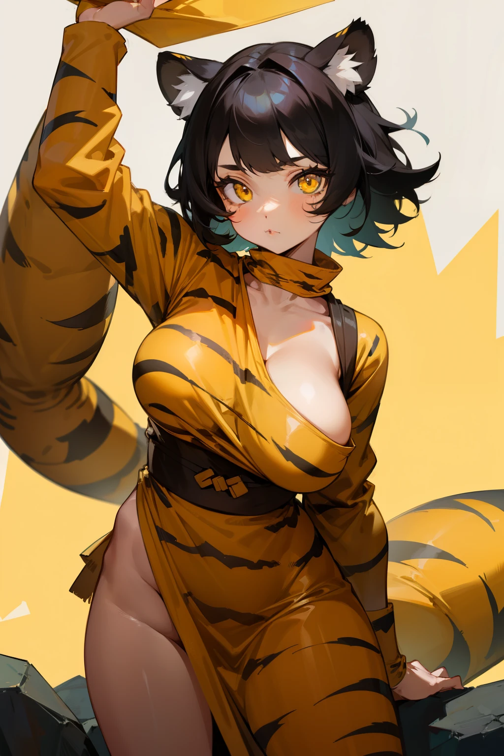 Cute girl, short black hair, yellow eyes, stone age clothes, big breasts, wearing tiger skin