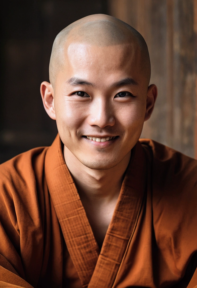 Close-up of a bald man in a robe, Cute numbers, monk clothes, ancient japanese monk, High quality portrait, buddhist monk, portrait of monk, Buddhist, monk, Wearing a brown robe, Lovely portrait, Portrait Photography,  monk, Wearing a simple robe, cute boy,3 year old boy , Chinese traditional, strict, Wearing a robe，Sit cross-legged，Smiling at the camera