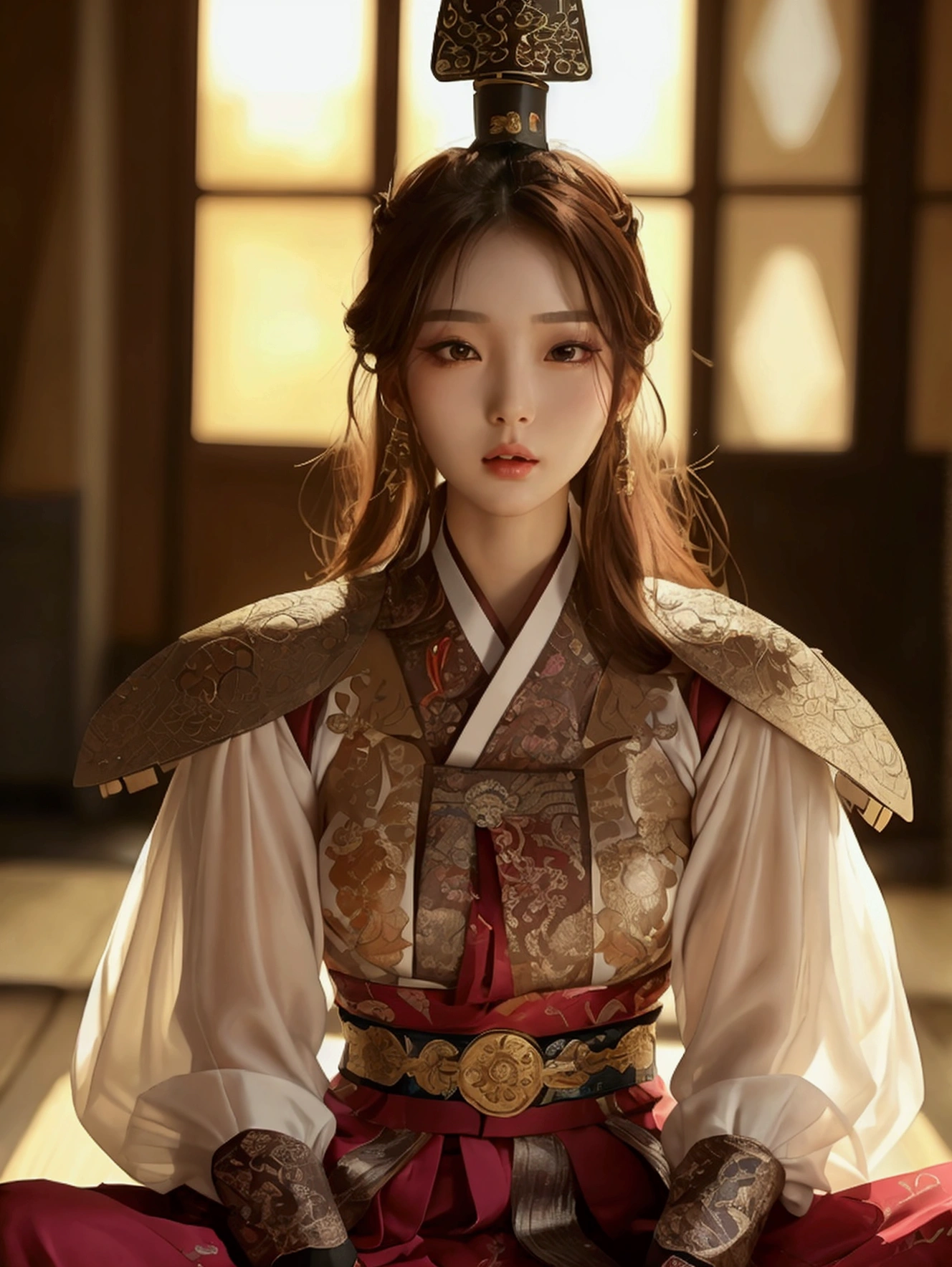 Create an image of a beautiful woman wearing a sexy traditional Korean female warrior outfit. She has a slender face, sharp eyes, long hair, an angled face, a high nose, thin lips, a chest size of 32 inches, a waist size of 24 inches, hips size 33 inches, her skin is bright and white. she has brown hair She has pink nipples Her body was slim and muscular like an athlete. And she was enjoying sitting with her legs spread in an M shape, showing off her very attractive genitals.
