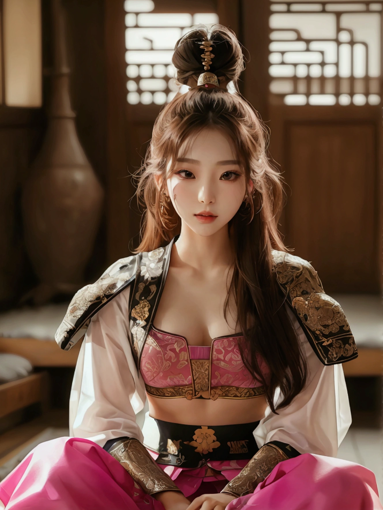 Create an image of a beautiful woman wearing a sexy traditional Korean female warrior outfit. She has a slender face, sharp eyes, long hair, an angled face, a high nose, thin lips, a chest size of 32 inches, a waist size of 24 inches, hips size 33 inches, her skin is bright and white. she has brown hair She has pink nipples Her body was slim and muscular like an athlete. And she was enjoying sitting with her legs spread in an M shape, showing off her very attractive genitals.