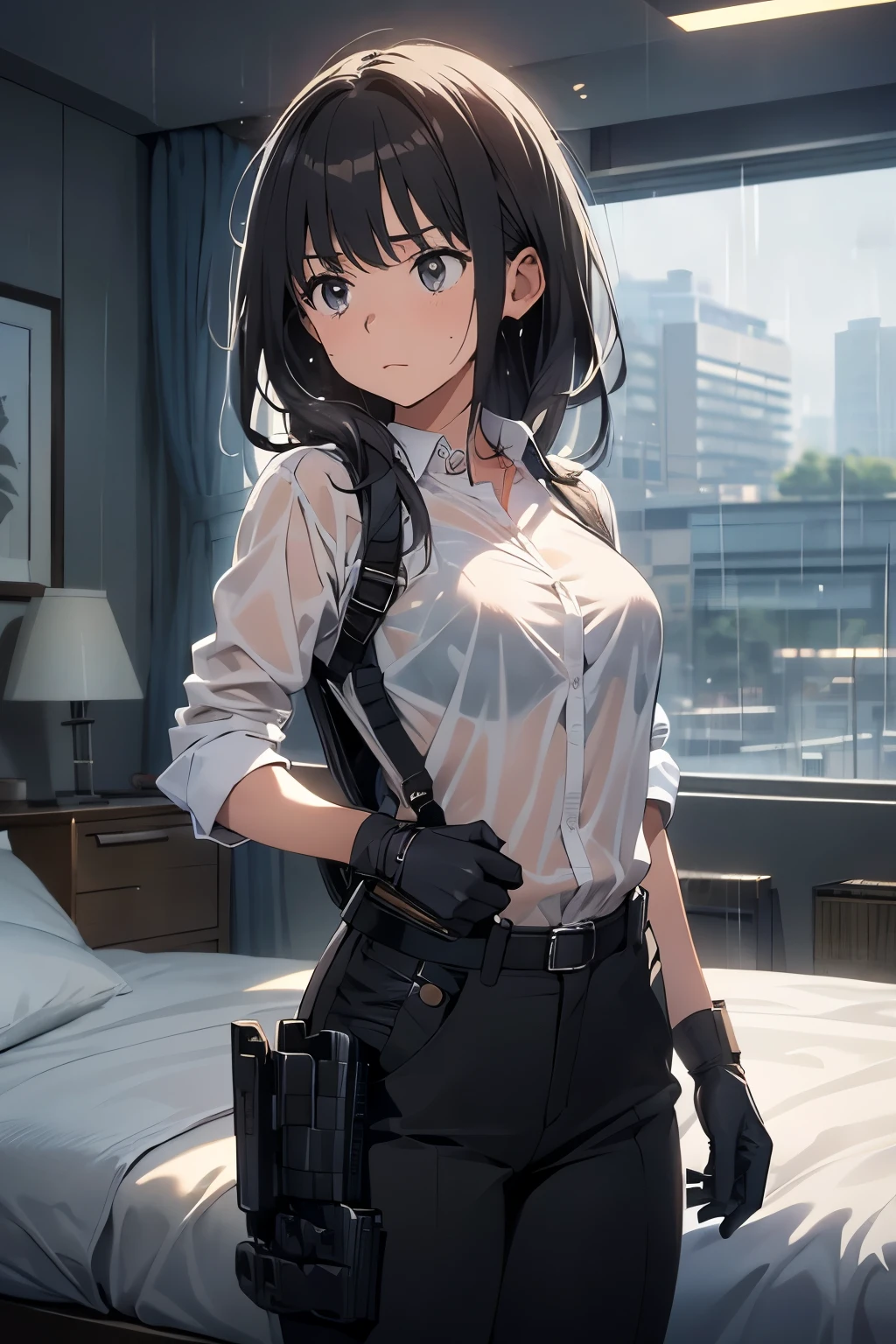1 female, , high quality, masterpiece, Ultra-high resolution, , Cinema Lighting, , , And the suspenders with the cranes flying Large Breasts Small face holster Lying in bed Looking up Sweat belt summer 脇Sweat Black Hole Gloves suit shirt Black jacket Black trousers Leg Links ズボンにbelt holster Hands behind your back Anxious expression Looking up Anxious face, legs apart Armament Handgun handcuffs Cable ties レッグholster holster See-through clothing heavy rain Getting wet in the rain