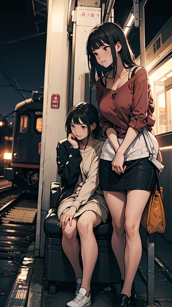 a couple sitting at a railway station, night scene, train approaching, couple wearing short clothes, girl has big hips detailed faces,