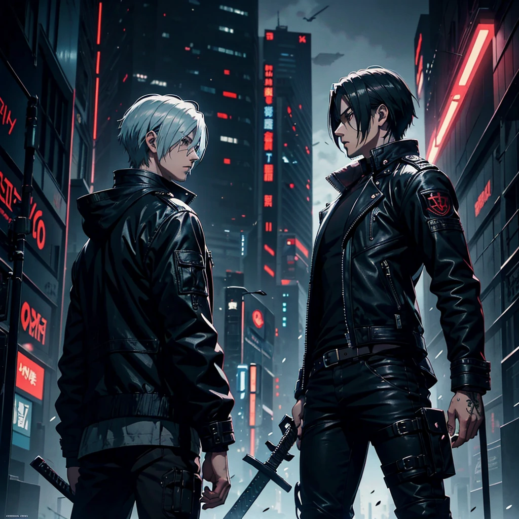 a man look like Leon S. Kennedy with back hair and a black jacket holding a sword, cyberpunk art inspired by Leon S. Kennedy , tumblr, digital art, ufotable art style, anime wallaper, profile picture 1024px, trigger anime artstyle, badass anime 8 k, tokyo ghoul, 4k anime wallpaper
