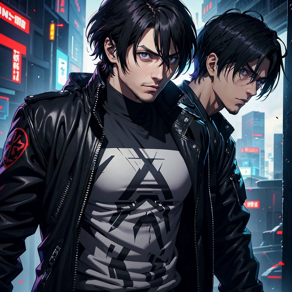 a man look like Leon S. Kennedy with back hair and a black jacket holding a sword, cyberpunk art inspired by Leon S. Kennedy , tumblr, digital art, ufotable art style, anime wallaper, profile picture 1024px, trigger anime artstyle, badass anime 8 k, tokyo ghoul, 4k anime wallpaper