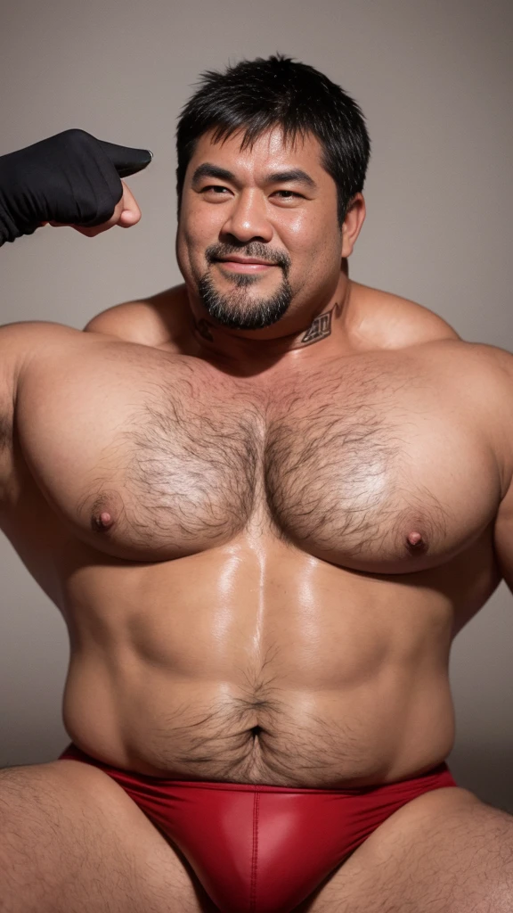 black hair, middle-aged man, individual, male, Muscular wrestler, muscular, Stout wrestler, Asian, Japanese, uncle, 55 year old middle-aged man, short hair, short hair, red wrestling boots, full body portrait, shadow, Vision, red briefs, obesity, 45 years old, short beard, middle-aged man, tattoo, fingerless gloves, Wheat skin, shiny skin, dark skin, Show your pectoral muscles, sumo wrestler, bodybuilder, wide temples, Visible abdominal muscles, Smile, Fine hands, solid color background, pure white background, Surrealism, Panorama, 8k, super detail，