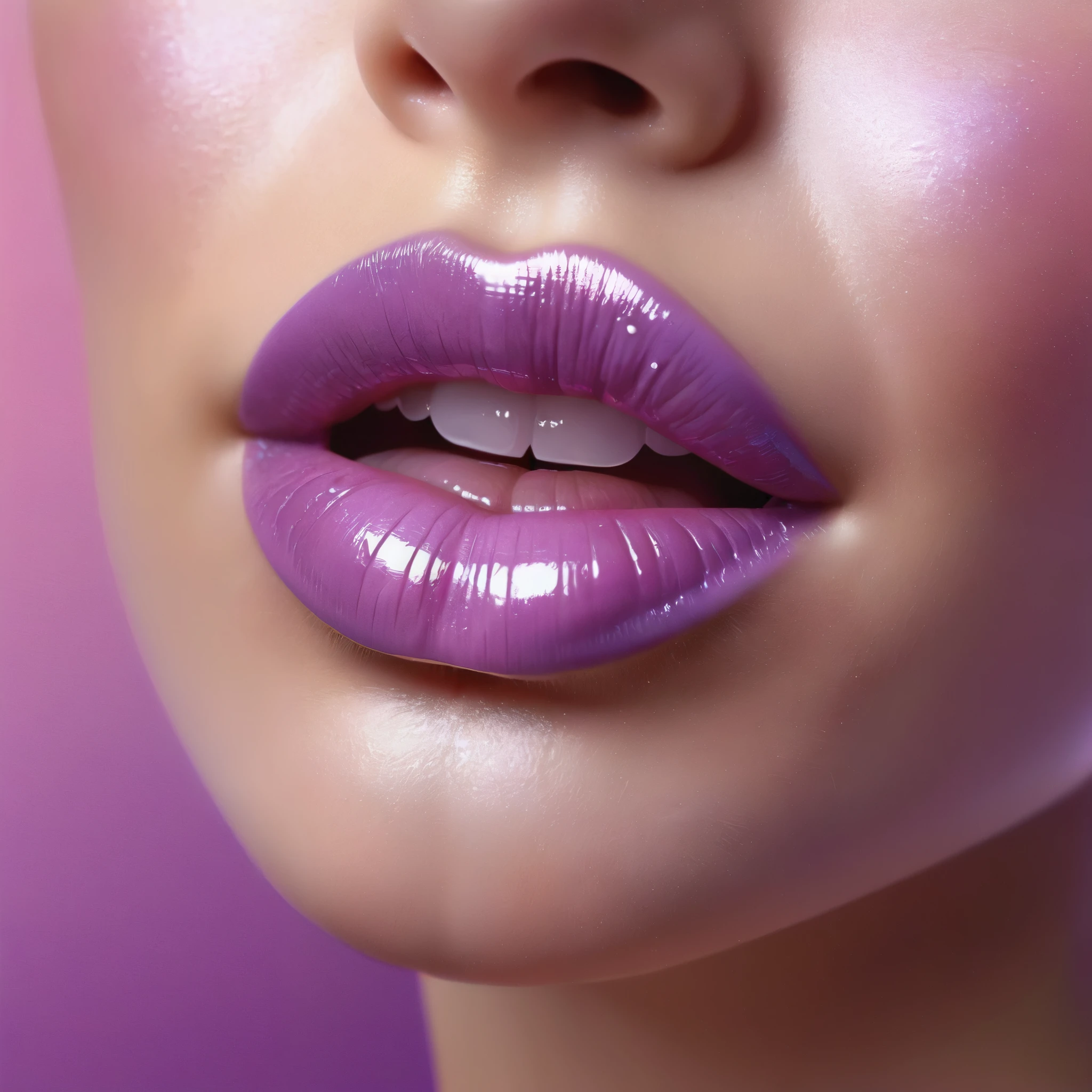 lips floating on top of a pink liquid surface, wet lips, glossy lips, glossy digital painting, sexy lips, luscious lips, beautiful lips, glossy and drippy, pink lips, lipgloss, glossy, in a light purple and pink style, inspired by Yanjun Cheng, full glossy lips, thick lips, made of liquid purple metal, glossy surface, smooth 3d illustration