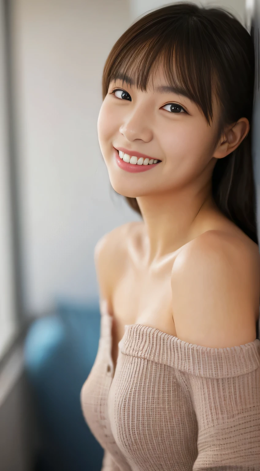 masterpiece,best quality,(Japanese girl),((Beautiful girl)),cleavage,(off shoulder:1.2),(perfect body beauty:1.2),(shy smile)
