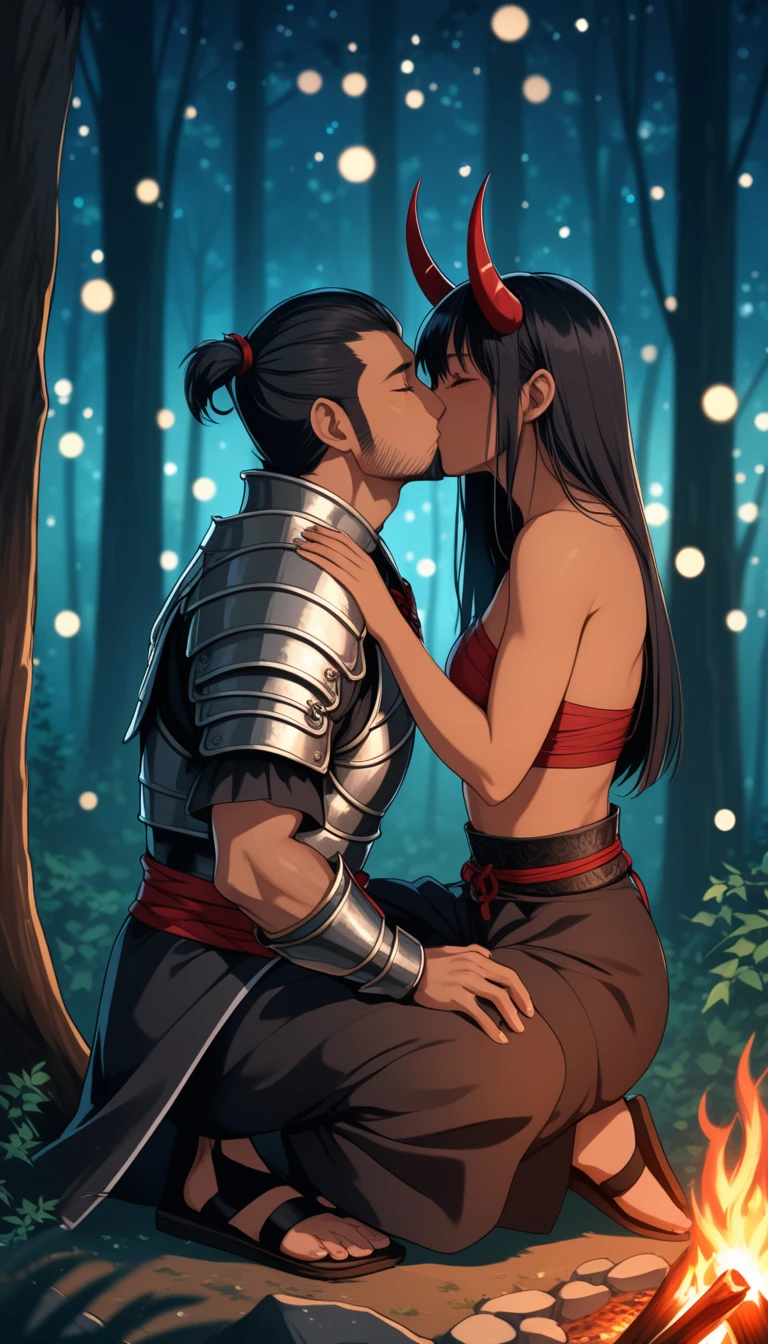 8K, RAW, best quality, masterpiece, ultra high res, colorful, (medium wide shot), (dynamic perspective), sharp focus , (depth of field, bokeh:1.3), extremely detailed eyes and face, beautiful detailed eyes, (Oni, demon, oni couple, hugs, kiss, kissing, passion, love, moment, 
(1girl, horns, tanned skin, red skin, slander tail, wide samurai pants, geta footwear, black tight crop top, breasts bandage, medium breasts:1), 
(1man, Human, Knight, light leather armor, muscular, calm face, stubble, short black hair:1)
sits across-legged, hands on knees,
near campfire, lean back to tree, looking at viewer, facing viewer, right side view, forest background, dark forest, night time