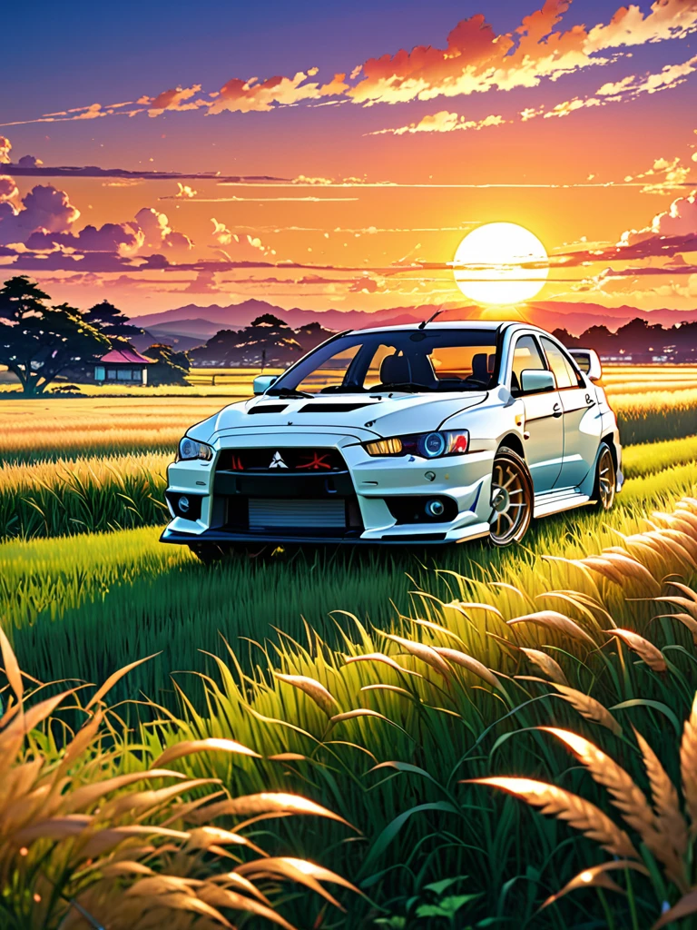 anime landscape of A pearl super laser Pearl white metalic pearl color classic Mitsubishi Lancer EVO 19 sport sits in a field of tall grass with a sunset in the background.beautiful anime scene, beautiful anime peace scene, Makoto Shinkai Cyril Rolando, beautiful anime scene, amazing wallpaper, anime art wallpaper 8k, anime background, artistic anime background, anime wallpaper 4k, anime art 4k wallpaper, anime wallpaper art 4k,