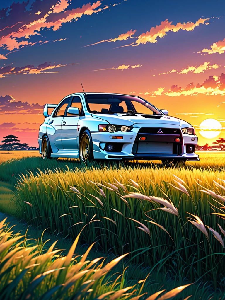 anime landscape of A pearl super laser Pearl white metalic pearl color classic Mitsubishi Lancer EVO 19 sport sits in a field of tall grass with a sunset in the background.beautiful anime scene, beautiful anime peace scene, Makoto Shinkai Cyril Rolando, beautiful anime scene, amazing wallpaper, anime art wallpaper 8k, anime background, artistic anime background, anime wallpaper 4k, anime art 4k wallpaper, anime wallpaper art 4k,
