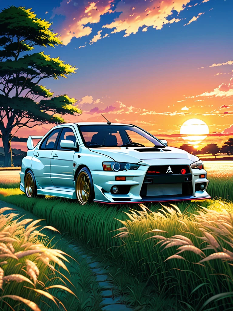 anime landscape of A pearl super laser Pearl white metalic pearl color classic Mitsubishi Lancer EVO 19 sport sits in a field of tall grass with a sunset in the background.beautiful anime scene, beautiful anime peace scene, Makoto Shinkai Cyril Rolando, beautiful anime scene, amazing wallpaper, anime art wallpaper 8k, anime background, artistic anime background, anime wallpaper 4k, anime art 4k wallpaper, anime wallpaper art 4k,