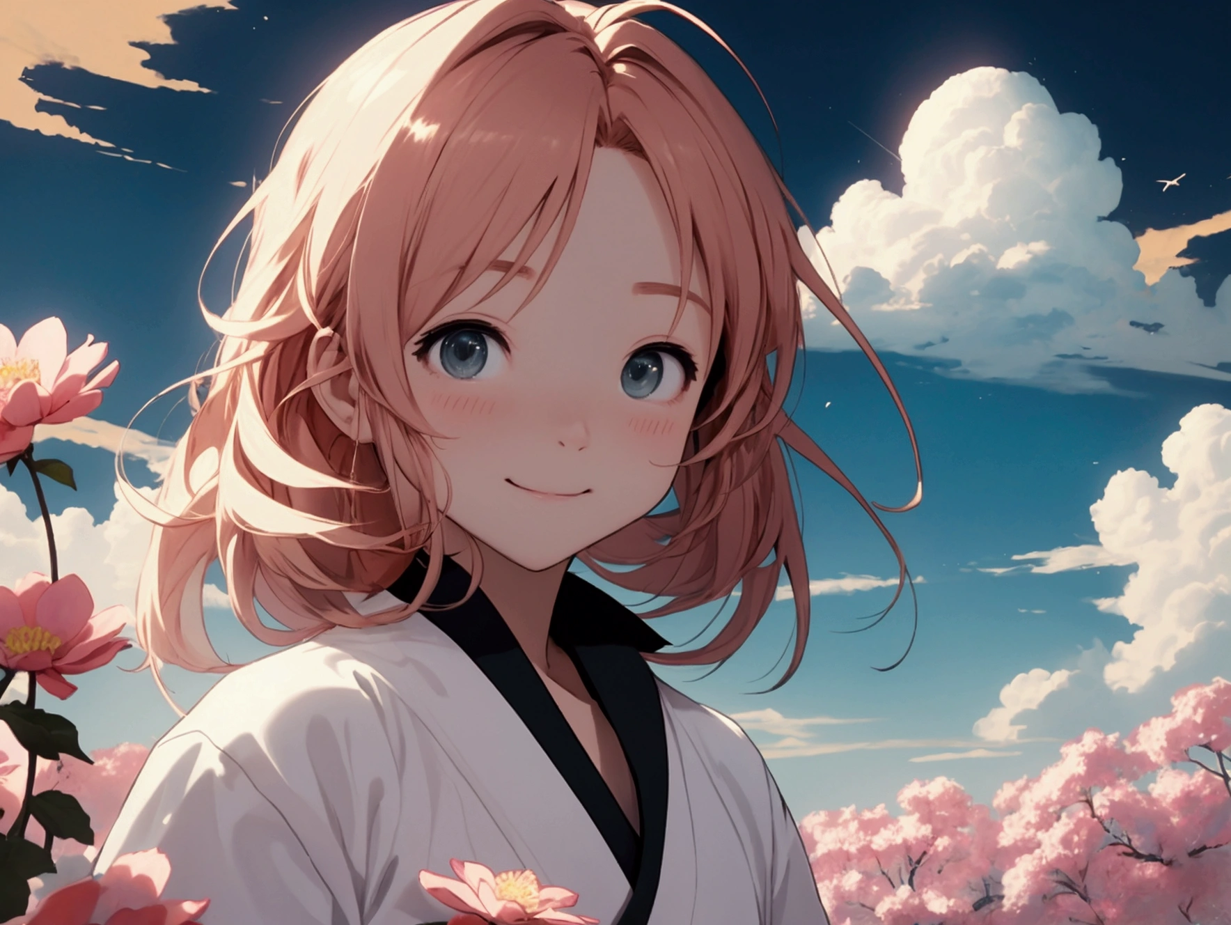 High contrast color, 4K High Resolution,masterpiece, Highest quality, Movie stills, bright, Anime Style, Happy, shine、happiness、null、cloud、cloudの隙間から光が差し込む、Warm and soft lighting, Asahi、fluctuation、Flower Field、
