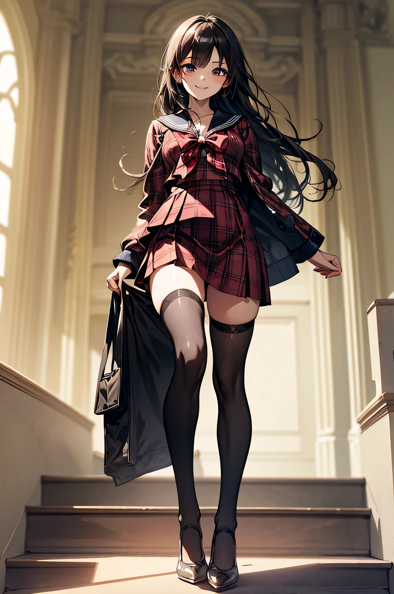 (Biologically correct limb count),Full body, including face,4K,Focus on the masterpiece face,Well-proportioned facial features,Delicate descriptive eyes,One beautiful woman,(Black Sailor Suit,red plaid skirt,Black Stockings),(smile),Looking down,Photos with white borders,Look away from the camera,National Library,walking,Walking down the stairs