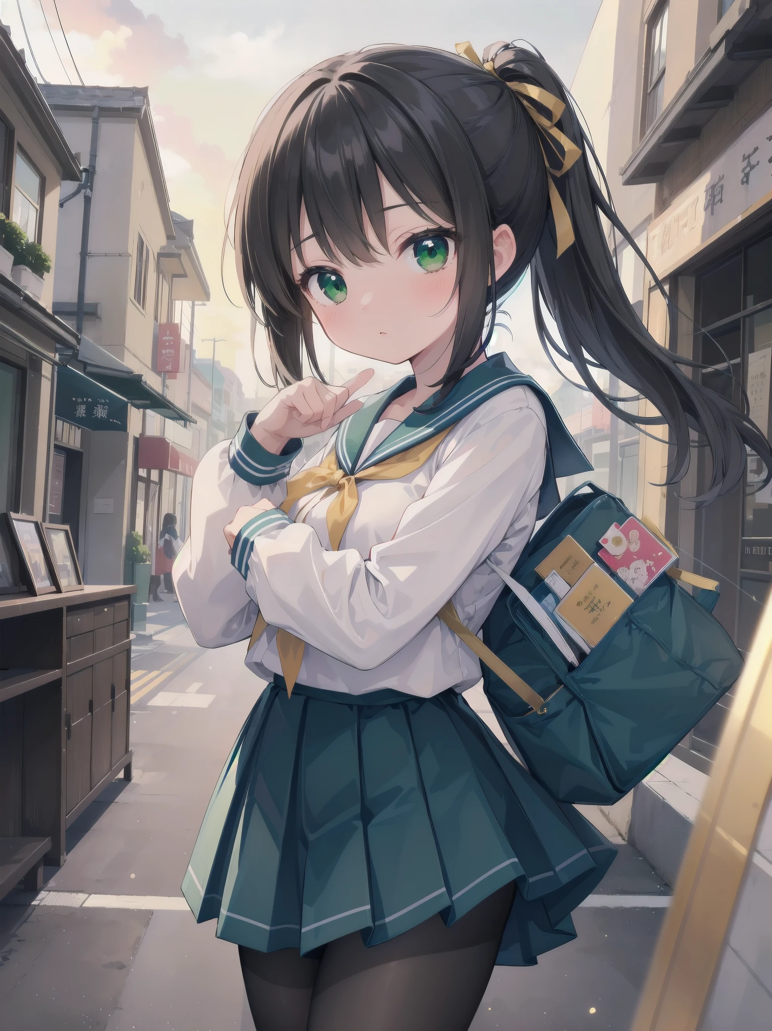 Masterpiece, illustration, super detailed, kawaii, one girl, 独奏, slender 14 year old, Japanese girl, chou chou, ribbon, nape of neck, low ponytail, cute pose in Less revealing attire, (green sailor outfit, two gold lines), large gold ribbon, priss skirt, black pantyhose, , Long Sleeves, White innerwear for sailor suit, living room, cowgirl shot, sfw, dynamic angle、Close-up on the characters、(building, city、A dense fog of fluorescent particles、1800Era、Japanese Style、Fiction、grow、Overwhelming、Detailed street)、A beautiful girl with a beautiful background and a super cute pose