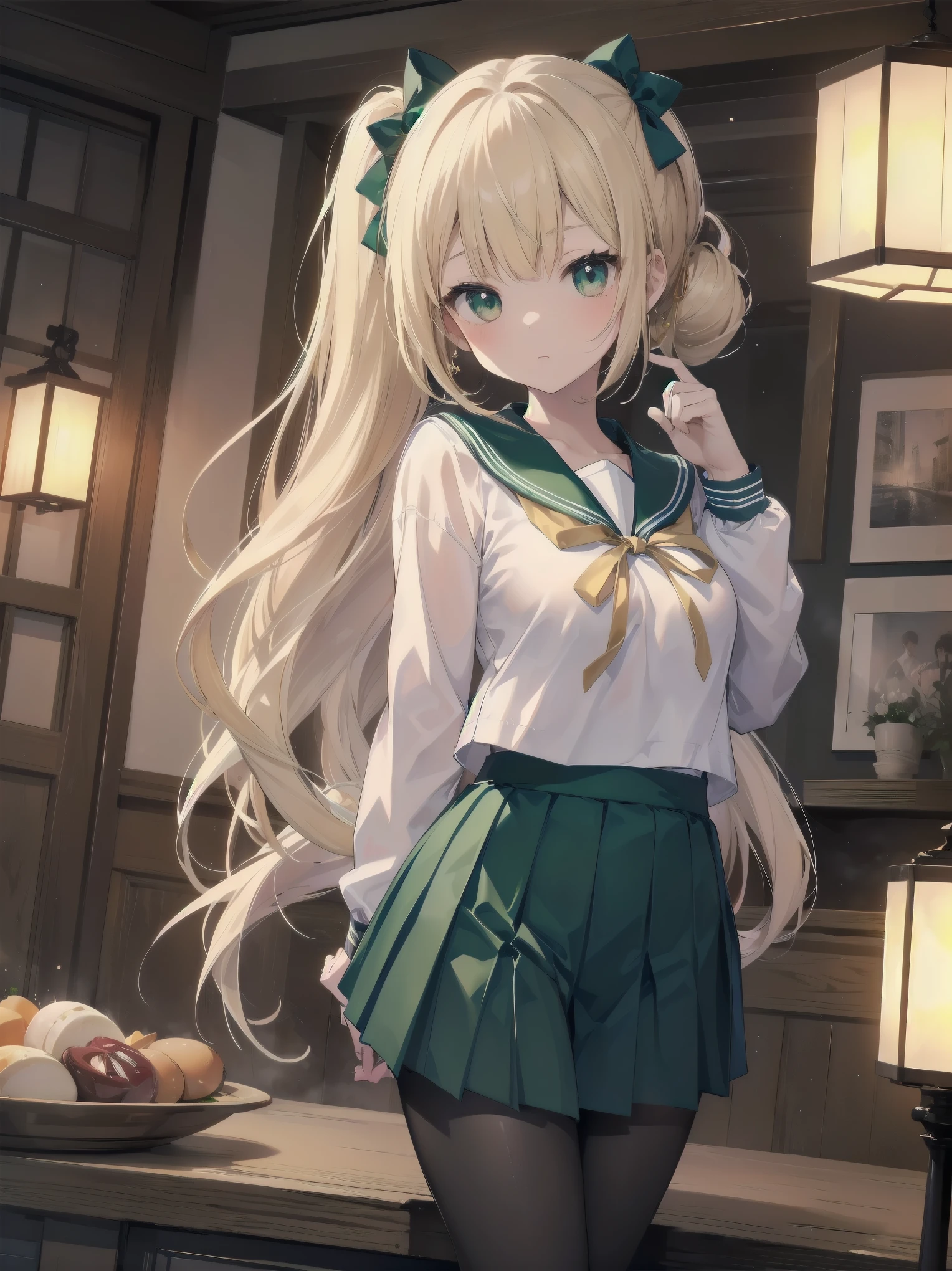 Masterpiece, illustration, super detailed, kawaii, one girl, 独奏, slender 14 year old, Japanese girl, chou chou, ribbon, nape of neck, low ponytail, cute pose in Less revealing attire, (green sailor outfit, two gold lines), large gold ribbon, priss skirt, black pantyhose, , Long Sleeves, White innerwear for sailor suit, living room, cowgirl shot, sfw, dynamic angle、Close-up on the characters、(building, city、A dense fog of fluorescent particles、1800Era、Japanese Style、Fiction、grow、Overwhelming、Detailed street)、A beautiful girl with a beautiful background and a super cute pose