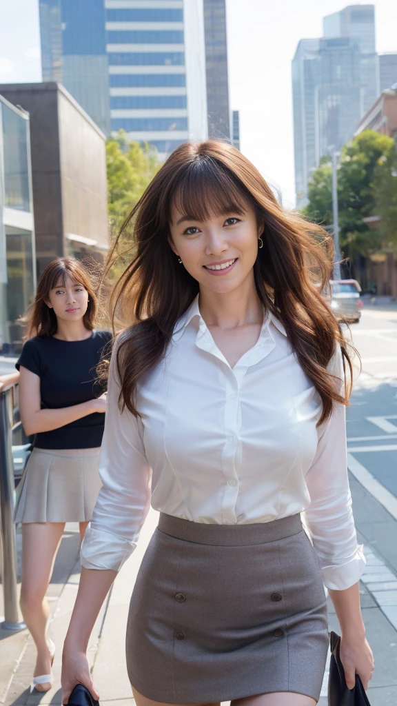 Woman in a suit standing on the sidewalk,((40-year-old woman))、Big Breasts、Dark brown hair color、Hairstyle with bangs、Various hairstyles、Hairstyles of different lengths、(8k, RAW Photos, highest quality, Tabletop: 1.2),、(Realistic, Realistic: 1.3), Cityscape, Day, Sunny Morning, Professional Lighting, Photon Mapping, shirt, (Woman in a suit,) Silk Suit、Pencil Skirt、Tight Skirt、((Delicate photo)),(Detailed RAW Photos of Girls), (Tabletop:1.25), (highest quality:1.6), (超A high resolution:1.5), (Realistic:1.75), 8k resolution, Canon EOS R5, 50mm, absurdes, Ultra-detailed,Cinema Lighting,(Skirt Lift:1.2)、nsfw:1.1、the wind is strong、smile、Skirt flipped up、Simple panties
