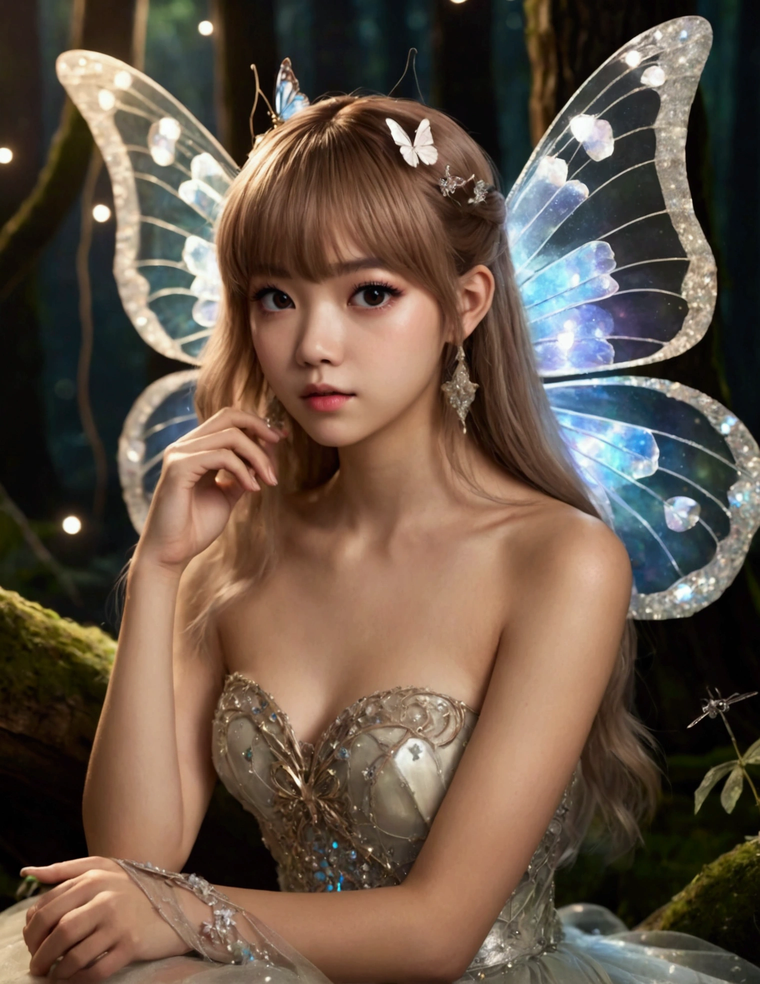 (Lalisa Manobal, age 25)A cute fairy (crystalline butterfly wings, prismatic hair, large eyes, spider silk gown) is dancing in a ring of toad stools, ethereal lighting, woods at night