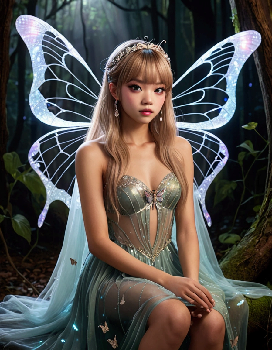 (Lalisa Manobal, age 25)A cute fairy (crystalline butterfly wings, prismatic hair, large eyes, spider silk gown) is dancing in a ring of toad stools, ethereal lighting, woods at night