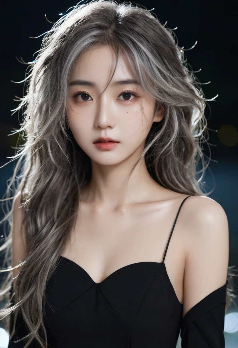 masterpiece, high quality, High resolution, 8k, (alone:1.2), ((One girl)), Japanese women, Detailed face, Detailed eyes, Correct body structure, Upper Body, ((Gray Hair:1.2)), Very long hair, Messy Hair, Slender body, Captivating silhouette, Glowing Bones, Depth of written boundary, Nighttime dark photos, It's dim, bangs, Cinema Lighting, Tyndall effect, Abstract background, Futuristic costume, Vibrant colors, Modern Style, Wide sleeves, artistic, Unique Pattern, colorful, stylish, trend