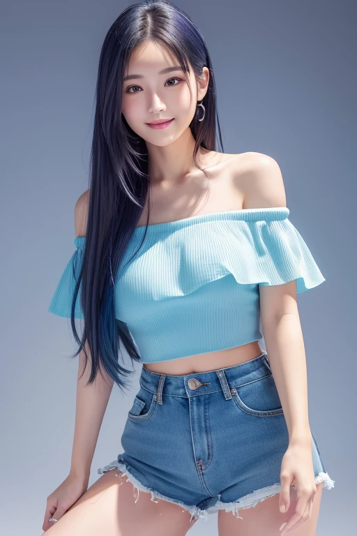 (Ultra-high resolution、8k)、Nakamura Ichiyo Beautiful Woman、Long hair to the waist、Illustrator, anime , Realistic ,sketch , 1 girl, Tight shorts,Off-the-shoulder blouse,order, Blue gradient background, Neon Hair,Texture Trim, (masterpiece,Highest quality) Ganyou smiles facing forward