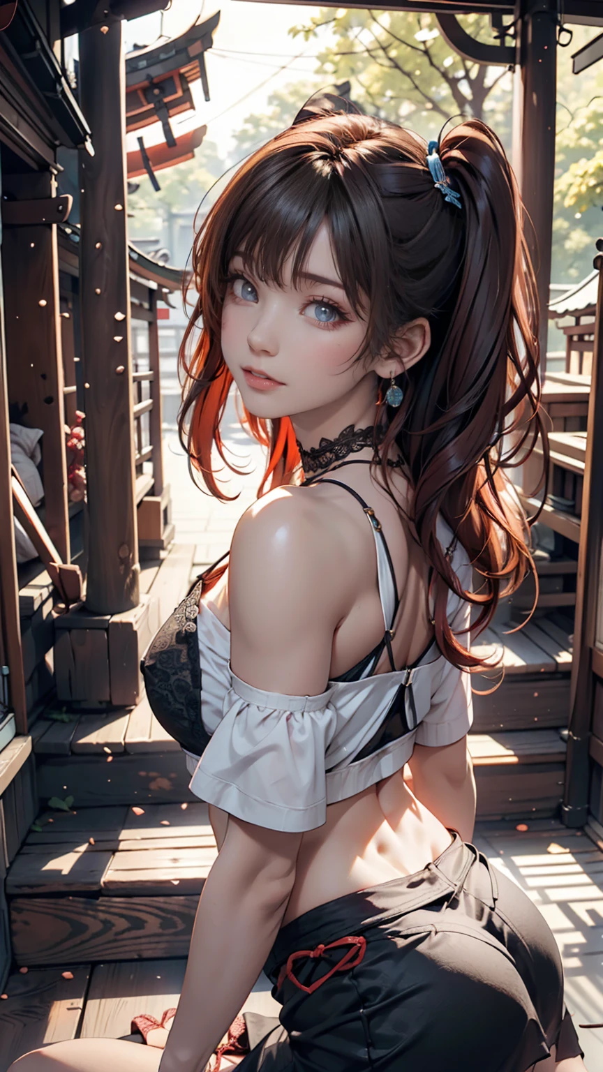 24-year-old female、Red hair、long hair、blue eyes、Two Side Up((hair two side up))、Off-the-shoulder tops、I can see my belly button、Low-rise miniskirt、Lace-up sandals、Lace-embellished choker、Xin Haicheng、「Your Name。」、Located in Yotsuya, Tokyo「Suga Shrine」、The view when looking back from the top of the stairs