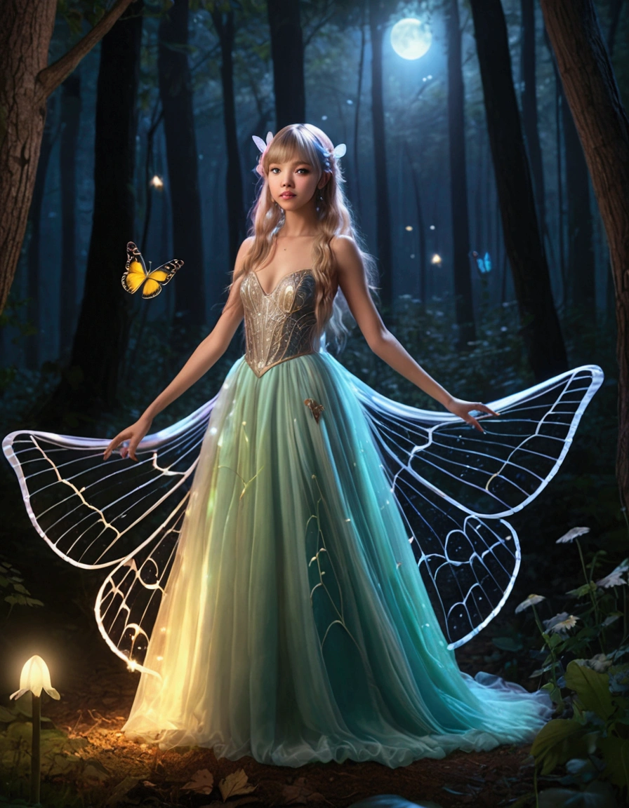 (Lalisa Manobal, age 25) cute fairy, crystalline butterfly wings, prismatic hair, large eyes, spider silk gown, dancing in a ring of toadstool, ethereal lighting, woods at night, (best quality,4k,8k,highres,masterpiece:1.2),ultra-detailed,(realistic,photorealistic,photo-realistic:1.37),fantasy,magical,whimsical,vibrant colors,dramatic lighting