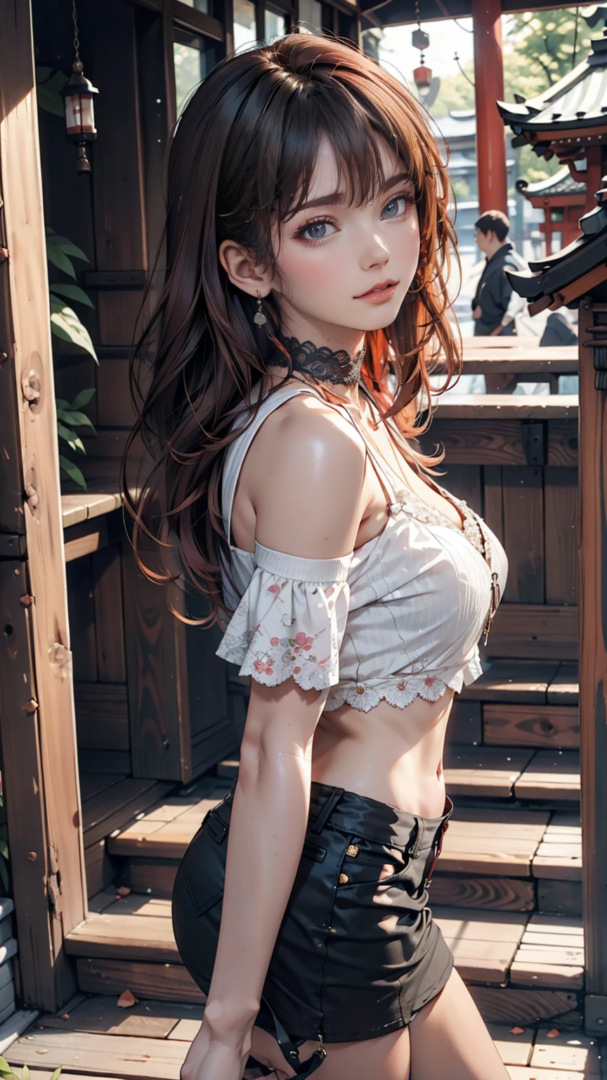 24-year-old female、Red hair、long hair、blue eyes、Two Side Up((hair two side up))、Off-the-shoulder tops、I can see my belly button、Low-rise miniskirt、Lace-up sandals、Lace-embellished choker、Xin Haicheng、「Your Name。」、Located in Yotsuya, Tokyo「Suga Shrine」、The view when looking back from the top of the stairs