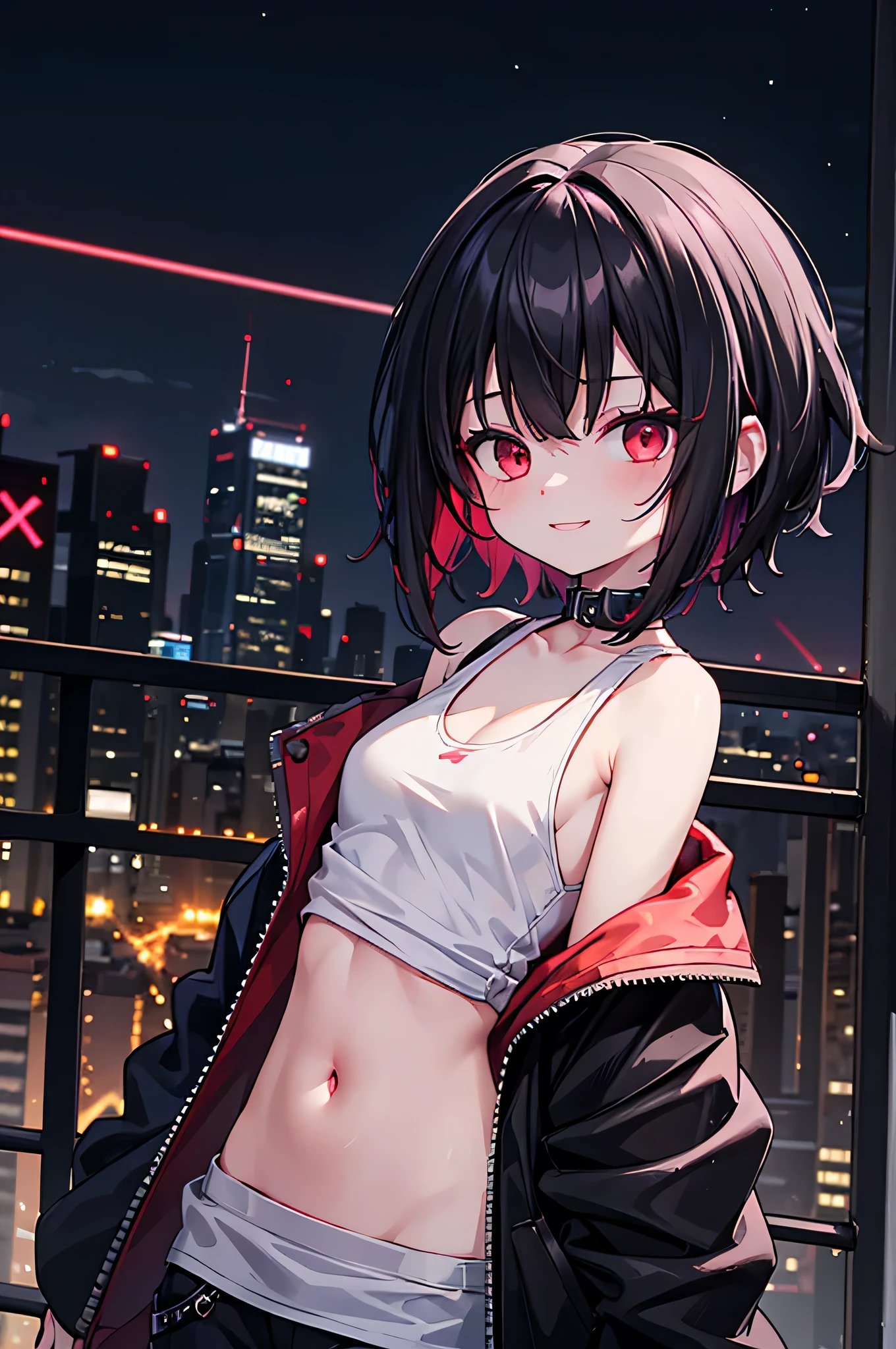 (masterpiece), cyber punk, city, night, Neon Light, city lights, One girl, Black Hair,White tank top with red pattern, short hair,Red Eye,hair ornaments,Around ,smile,He has taken off his jacket and is exposing his shoulders.,Navel showing