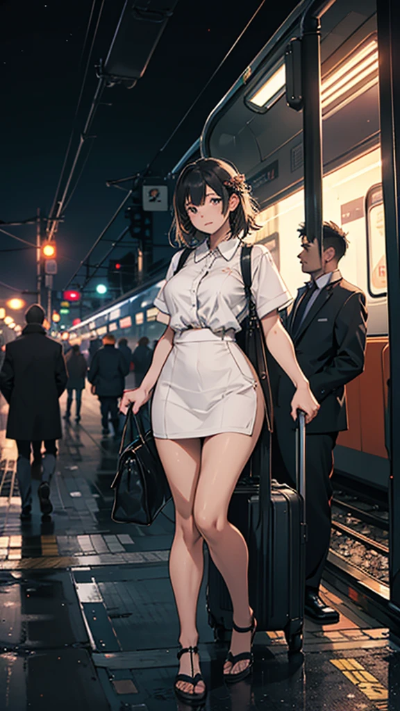 A Couple sitting at a railway station, night scene, train approaching, couple wearing short clothes, girl has big hips, beautiful detailed eyes, 