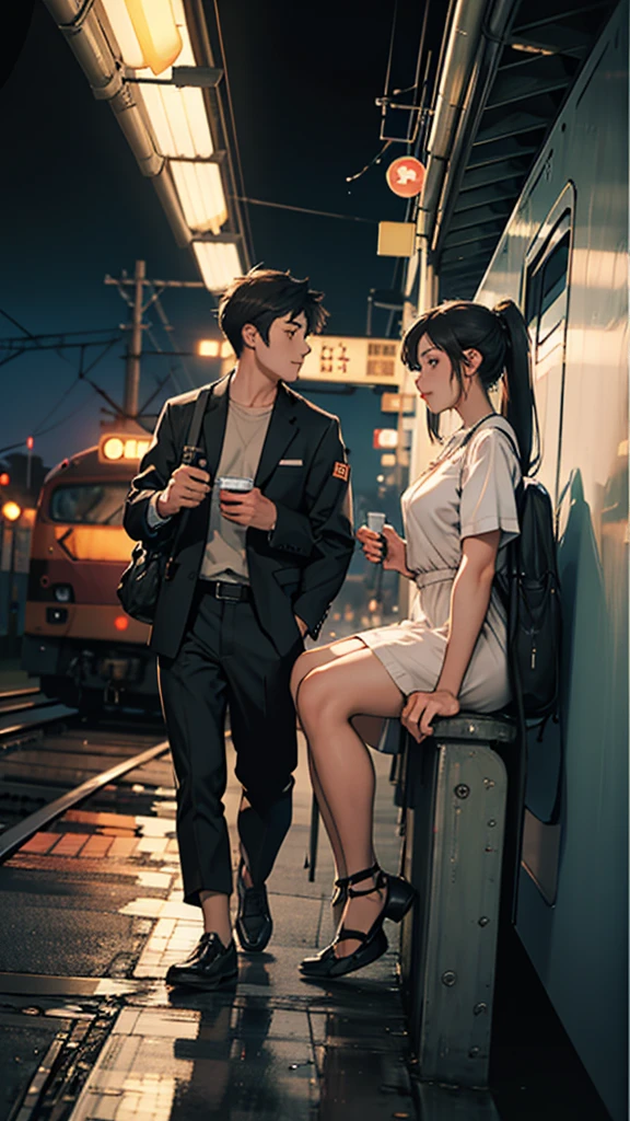 A Couple sitting at a railway station, night scene, train approaching, couple wearing short clothes, girl has big hips, beautiful detailed eyes,