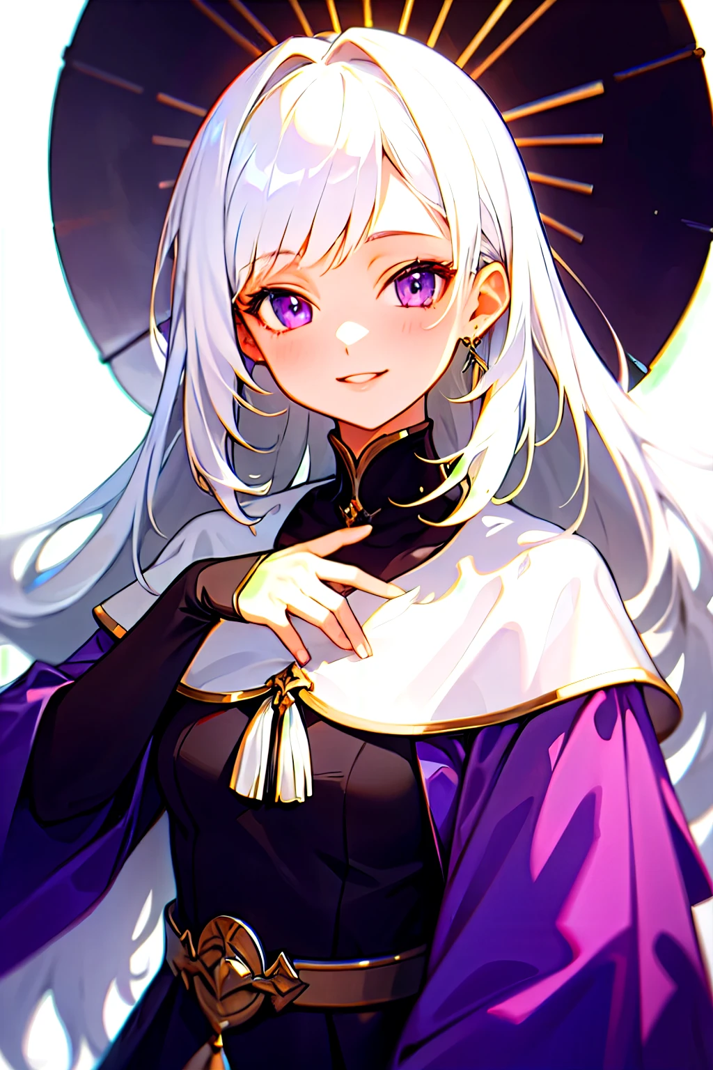 ((Highest quality)), ((masterpiece)), (detailed), One girl, White Hair , Long Hair , White background , smile , Purple Eyes