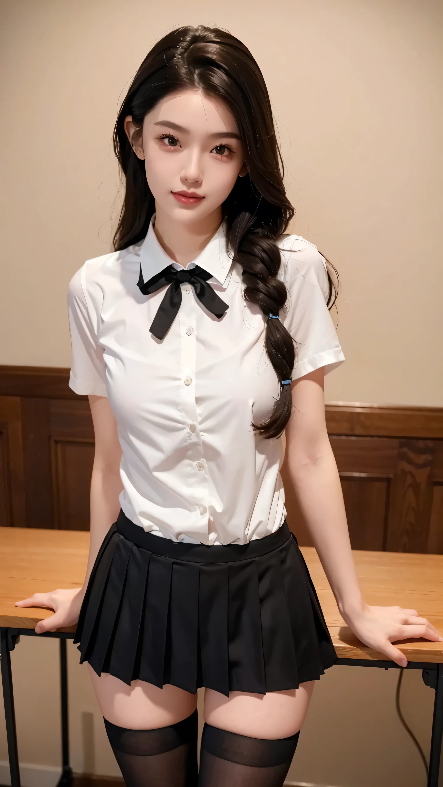 ((RAW photograph, Realistic photo, Best quality, 8K, Masterpiece: 1.3)), (raw photo:1.2), Hyperrealist portrait gorgeous Beautiful Chinese girl, teen girl, s old, (pretty small teen body, beautiful flat breasts: 1.2), very detailed eyes and face, (lustfully naughty face, crimson red lip, Dewy Glow makeup: 1.3, blushing), beautiful detailed eyes, seductive sharp eyes, (charming smile: 1), smooth white skin, photo realistic, very detailed faces, ((school uniform), (unbuttoned a white shirt)), ((black pleated skirt: 1.2), (black stockings: 1.3)), (long legs: 1.2, beautiful long nails), loose curls hairstyle, (standing pose), (modern classroom background)