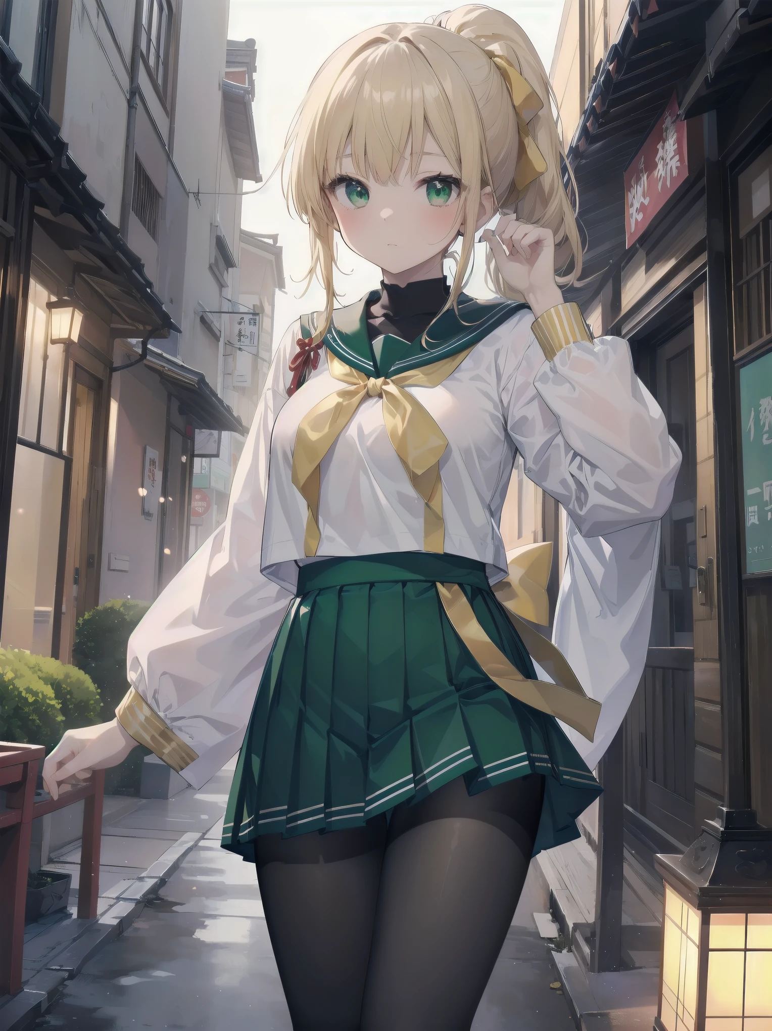 Masterpiece, illustration, super detailed, kawaii, one girl, 独奏, slender 14 year old, Japanese girl, chou chou, ribbon, nape of neck, low ponytail, cute pose in Less revealing attire, (green sailor outfit, two gold lines), large gold ribbon, priss skirt, black pantyhose, , Long Sleeves, White innerwear for sailor suit, living room, cowgirl shot, sfw, dynamic angle、Close-up on the characters、(building, city、A dense fog of fluorescent particles、1800Era、Japanese Style、Fiction、grow、Overwhelming、Detailed street)、A beautiful girl with a beautiful background and a super cute pose