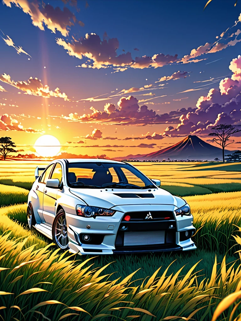 anime landscape of A pearl super laser Pearl white metalic pearl color classic Mitsubishi Lancer EVO 10 sport sits in a field of tall grass with a sunset in the background.beautiful anime scene, beautiful anime peace scene, Makoto Shinkai Cyril Rolando, beautiful anime scene, amazing wallpaper, anime art wallpaper 8k, anime background, artistic anime background, anime wallpaper 4k, anime art 4k wallpaper, anime wallpaper art 4k,