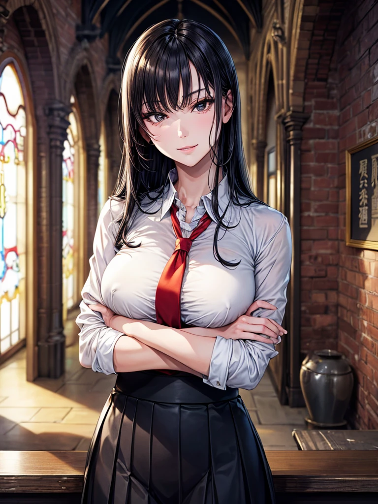Solo at its best, masterpiece, Extremely detailed CG, Extremely detailed 8k wallpaper, outdoor, Extremely detailed characters Extremely detailed, Delicate face, beautiful, Solo Girl, Perfect face, Clear focus, Late girl, Intricate details, Extremely detailed body, Ultra-fine hair, Ultra-fine face, Very pale, Leaning against a brick wall, Black Hair, black eyes, Wear a long-sleeved formal white shirt, Wearing a red tie, Wearing a navy blue school uniform, Long hair, Hair bangs, Smile, Pale skin, Place your hands at your sides, Cross your arms, Looking at the audience, Against the wall, Cross your arms over your chest, Cowboy shooting, , JK,(masterpiece, best quality:1.2), 1girl, 独奏,mature_lady, delicate face,detail eyes,long hair, floating hair,medium breasts, upper body,,japanese clothes,kimono,in a church,cathedral