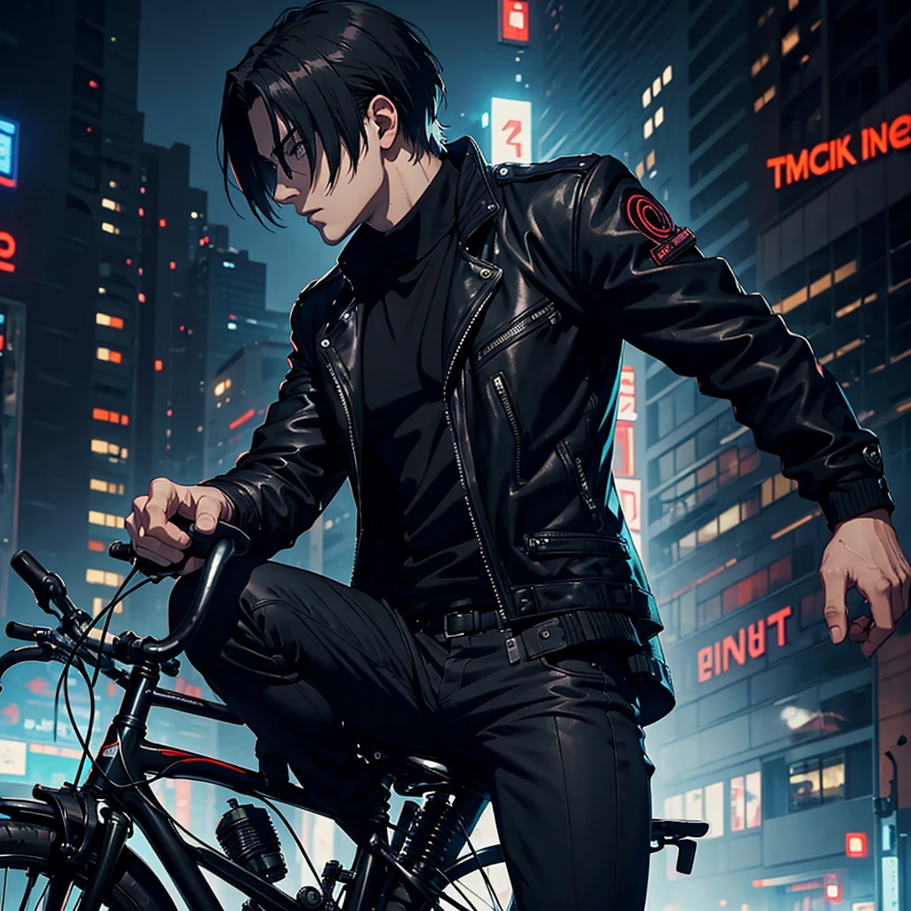 a man look like Leon S. Kennedy with back hair and a black jacket Ride a bike, cyberpunk art inspired by Leon S. Kennedy , tumblr, digital art, ufotable art style, anime wallaper, profile picture 1024px, trigger anime artstyle, badass anime 8 k, tokyo ghoul, 4k anime wallpaper