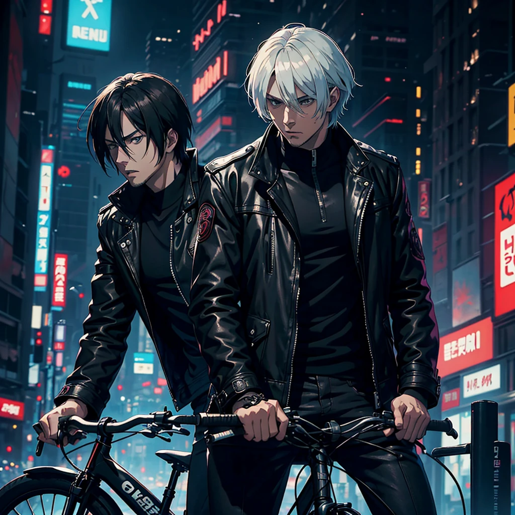 a man look like Leon S. Kennedy with back hair and a black jacket Ride a bike, cyberpunk art inspired by Leon S. Kennedy , tumblr, digital art, ufotable art style, anime wallaper, profile picture 1024px, trigger anime artstyle, badass anime 8 k, tokyo ghoul, 4k anime wallpaper