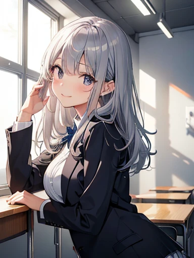 School classroom、椅子に座るSilver Hairの少女、The pieces fly, Highest quality, High resolution, masterpiece、Shooting from below、Low Angle、(1 girl),(Beautiful eyes in every detail、Look at the detailasterpieceサイドライト、masterpiece、Highest quality、detailed、High resolutionのイラスト),Delicate makeup、Subjective Handjob、smile、Soft Focus、Background blur,Black eyes,bangs短いハーフアップヘア(((Silver Hair))), Long black hair, bangs、Extremely detailed, complicated, The pieces fly, Confused、、((Grey blazer))、((White shirt))、((Navy Pleated Skirt))、 ((detailedに書かれた顔, Red face:1.2)), ((Smooth texture:0.75, Realistic texture:0.5, Anime CG style)), Big Breasts, Dynamic Angle, Beautiful breasts, Small Ass、Thin thighs、Perfect body, Dynamic pose, shy smile,