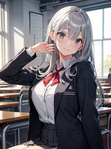 School classroom、椅子に座るSilver Hairの少女、The pieces fly, Highest quality, High resolution, masterpiece、Shooting from below、Low Angle、(1 girl),(Beautiful eyes in every detail、Look at the detailasterpieceサイドライト、masterpiece、Highest quality、detailed、High resolutionのイラスト),Delicate makeup、Subjective Handjob、smile、Soft Focus、Background blur,Black eyes,bangs短いハーフアップヘア(((Silver Hair))), Long black hair, bangs、Extremely detailed, complicated, The pieces fly, Confused、、((Grey blazer))、((White shirt))、((Navy Pleated Skirt))、 ((detailedに書かれた顔, Red face:1.2)), ((Smooth texture:0.75, Realistic texture:0.5, Anime CG style)), Big Breasts, Dynamic Angle, Beautiful breasts, Small Ass、Thin thighs、Perfect body, Dynamic pose, shy smile,