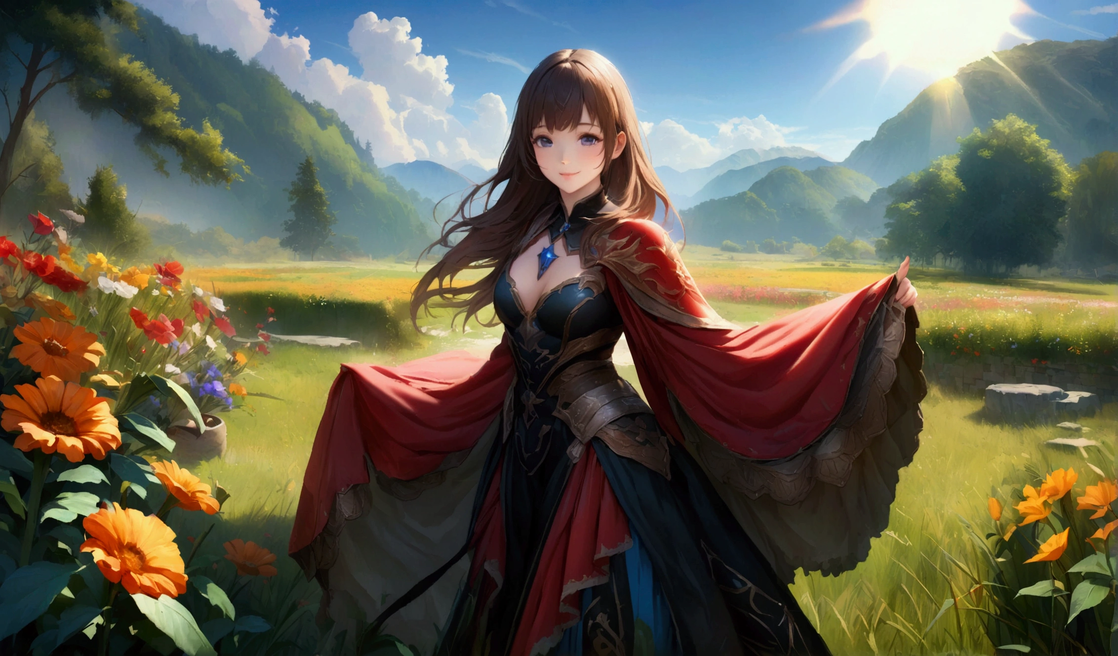 masterpiece,1 girl,,(whole body:0.9),(smile),Outdoor,(Light:1.2),(sun:1.2),(blue sky:1.1), garden,Flowers,grassland,wood，beautiful and moving，high quality（Famous scenes from anime）（A touching scene）,Gorgeous features。Hyper Details。High resolution。Anime Style。 HDR。 8k。The contrast between the fantastical characters and the bold color scheme and elements、It gives this piece an interesting story.。Painted Realism、Photorealistic、fantasy digital art、Rendering Information：32K resolution、Expressive details、